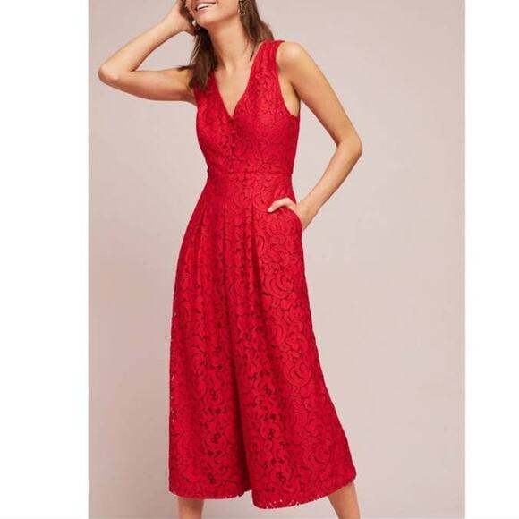Anthropologie Moulinette Soeurs Jaeda Red Lace Wide-Leg Jumpsuit Size 6 - Picture 2 of 11